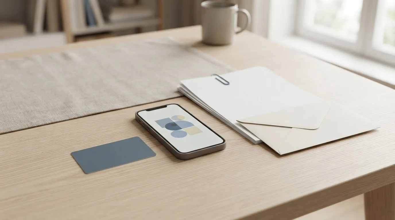 Schreibtisch mit Bankkarte, neutralen Formularblättern und einem Smartphone