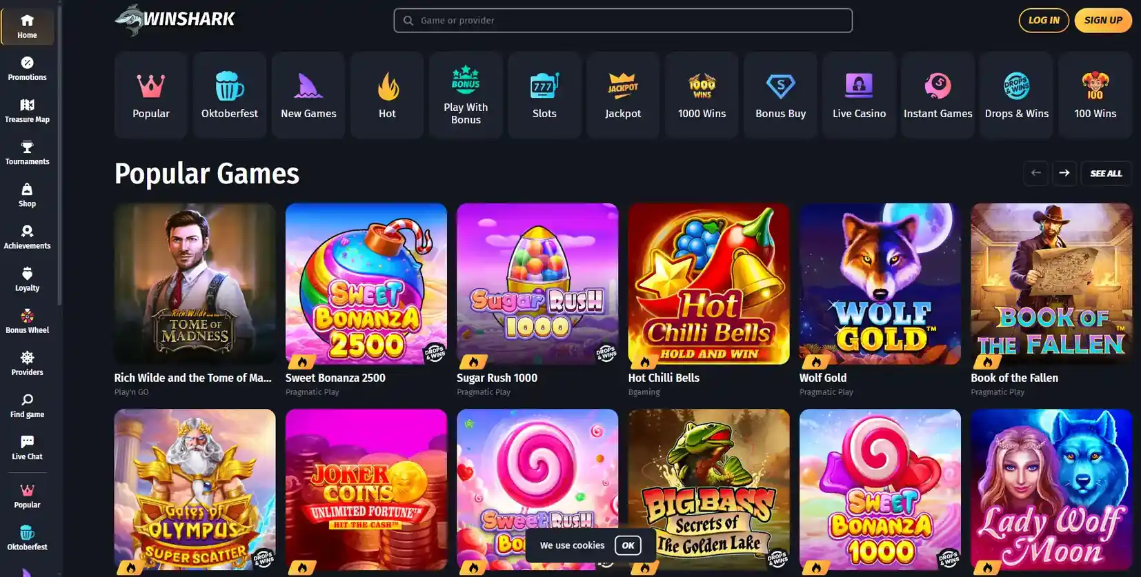 Screenshot der WinShark-Website mit Spielnavigation und Spieleauswahl